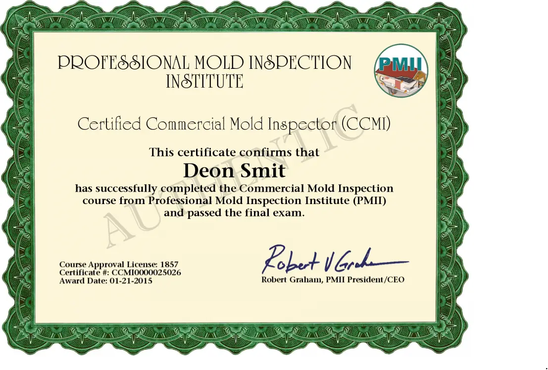 PMII Certified Commercial Mold Inspector certificate issued to Deon Smit
