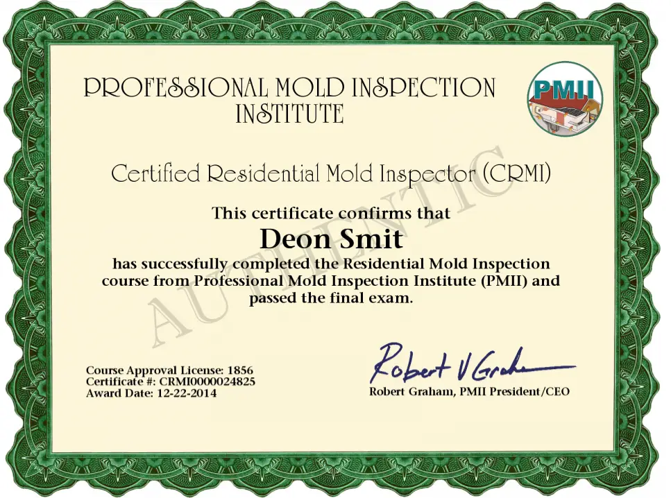 PMII Certified Residential Mold Inspector certificate issued to Deon Smit