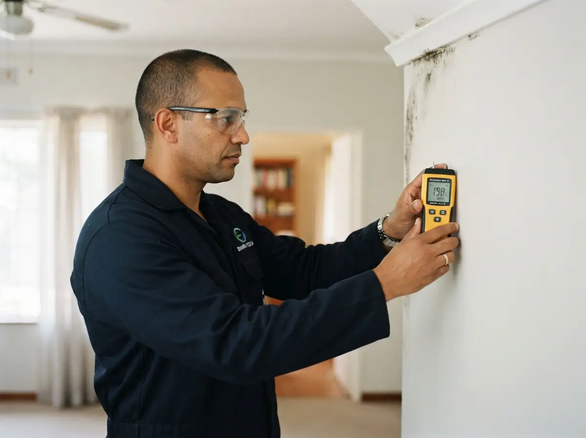 Mold Terminators professional inspecting a wall with a moisture meter