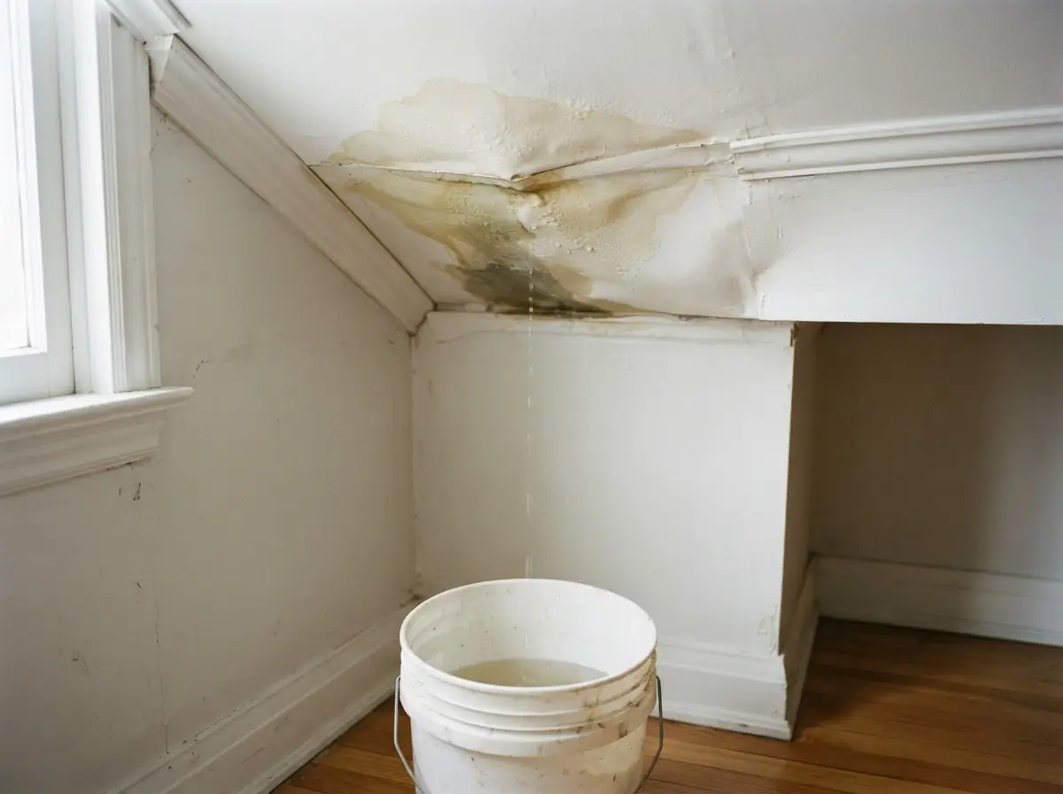 Honest interior showing water damage to a ceiling corner from a burst pipe