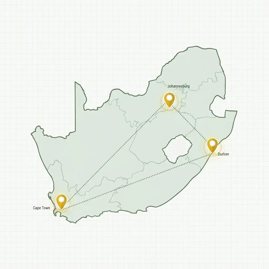 Stylised South Africa map showing the three Mold Terminators branch locations — Johannesburg, Cape Town and Durban